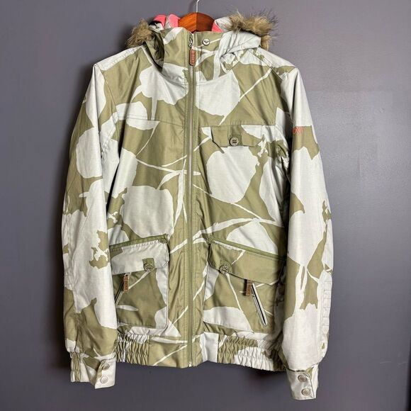 Roxy Women's Snow Ski Coat Winter Jacket Green Grey Floral Hooded Size Large - Picture 1 of 14